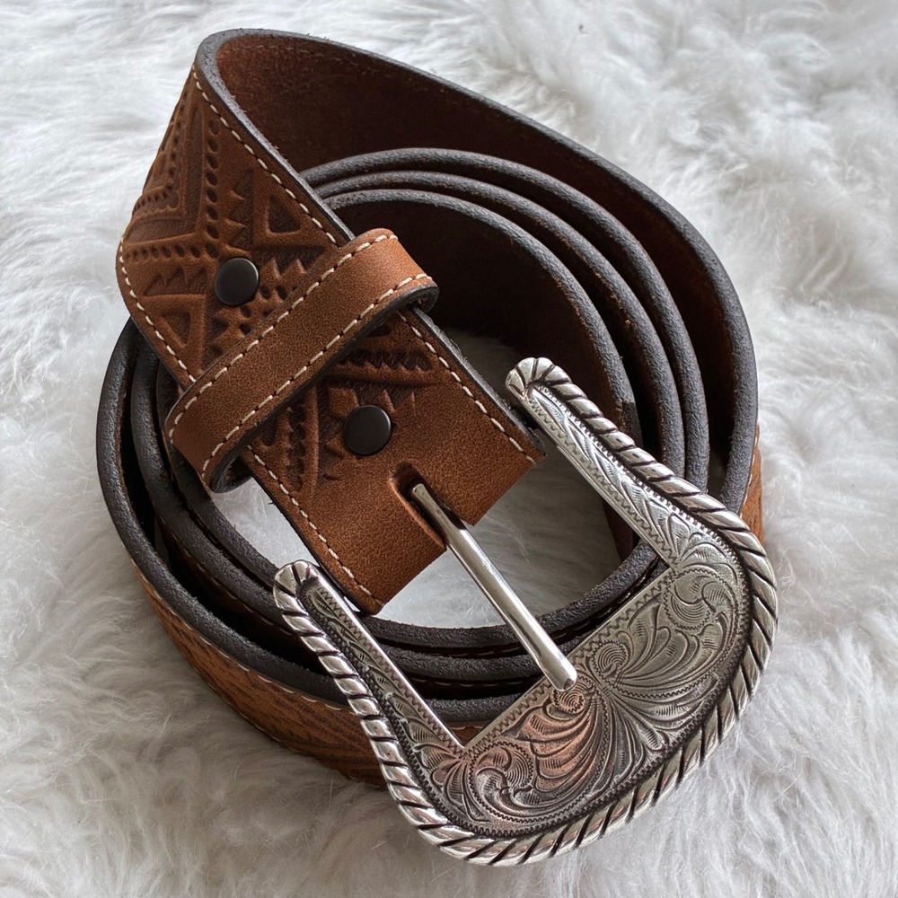 Justin Mens Top Grain Leather Western Embossed Belt Brown Size 40 C21539